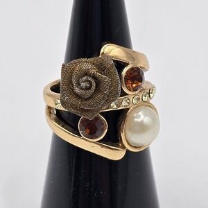 Brown Rhinestone Gold Tone‎ Ring Size 6.5 3D Flower Abstract Artsy Jewelry